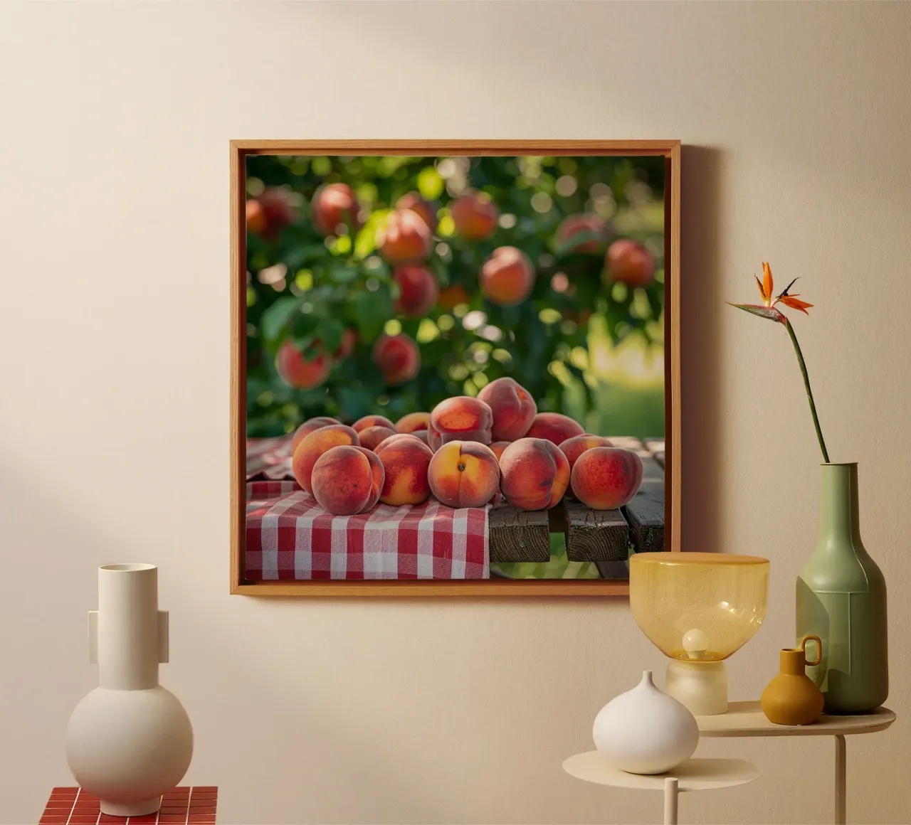 Zomerse perziken & picknickstemming canvas met Baklijst van StillVibe Home
