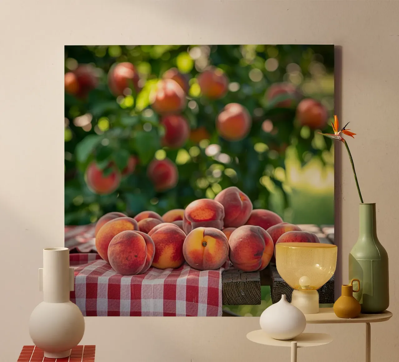 Zomerse perziken & picknickstemming canvas met Baklijst van StillVibe Home
