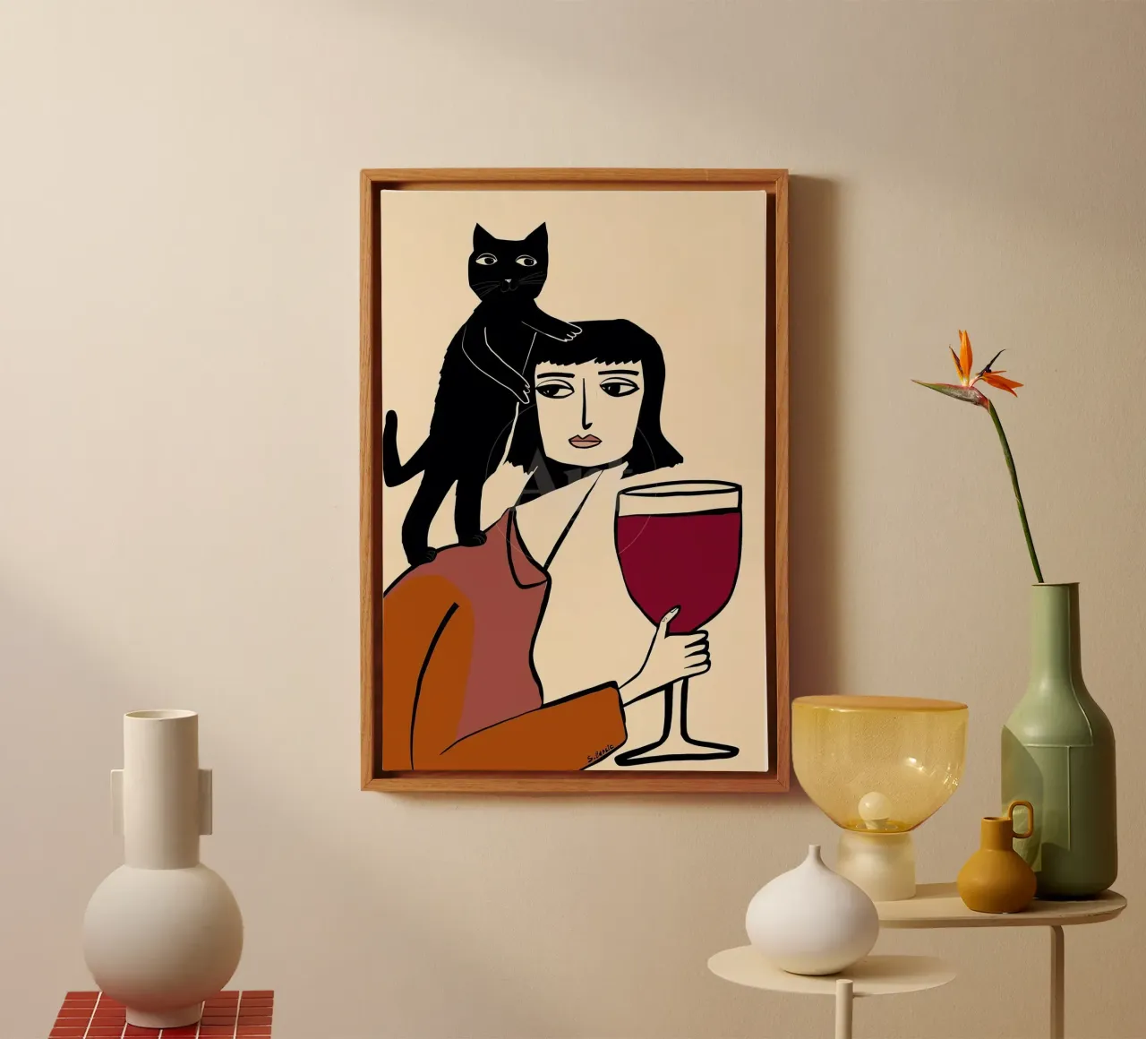 Amante del vino e dei gatti tela con Cornice a cassetta da Arjun