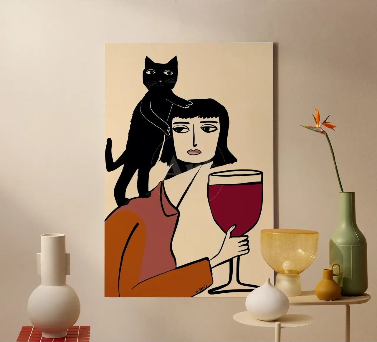 Amante del vino e dei gatti tela con Cornice a cassetta da Arjun