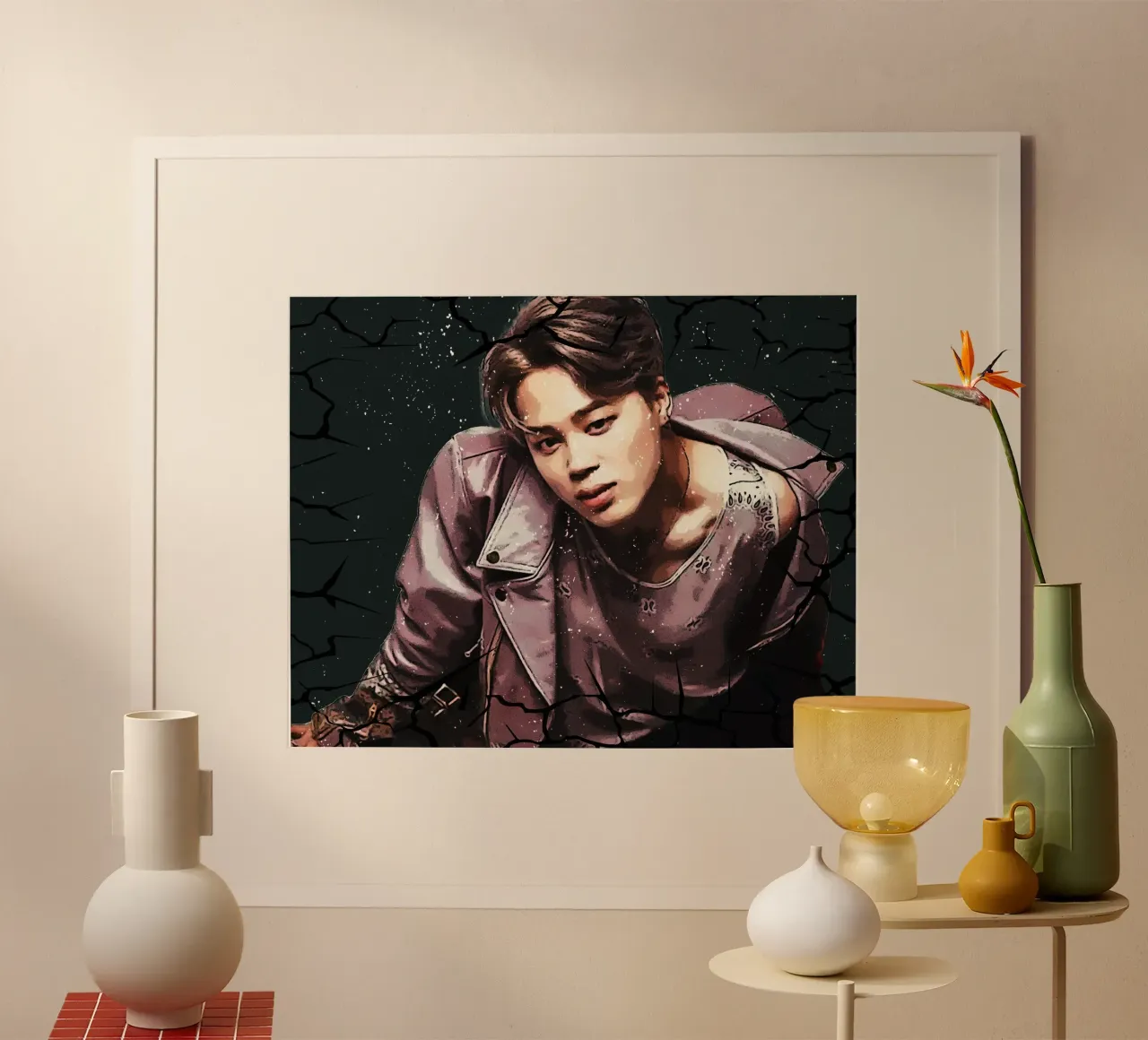 Cartone animato Jimin-BTS poster con telaio in legno da Trinara