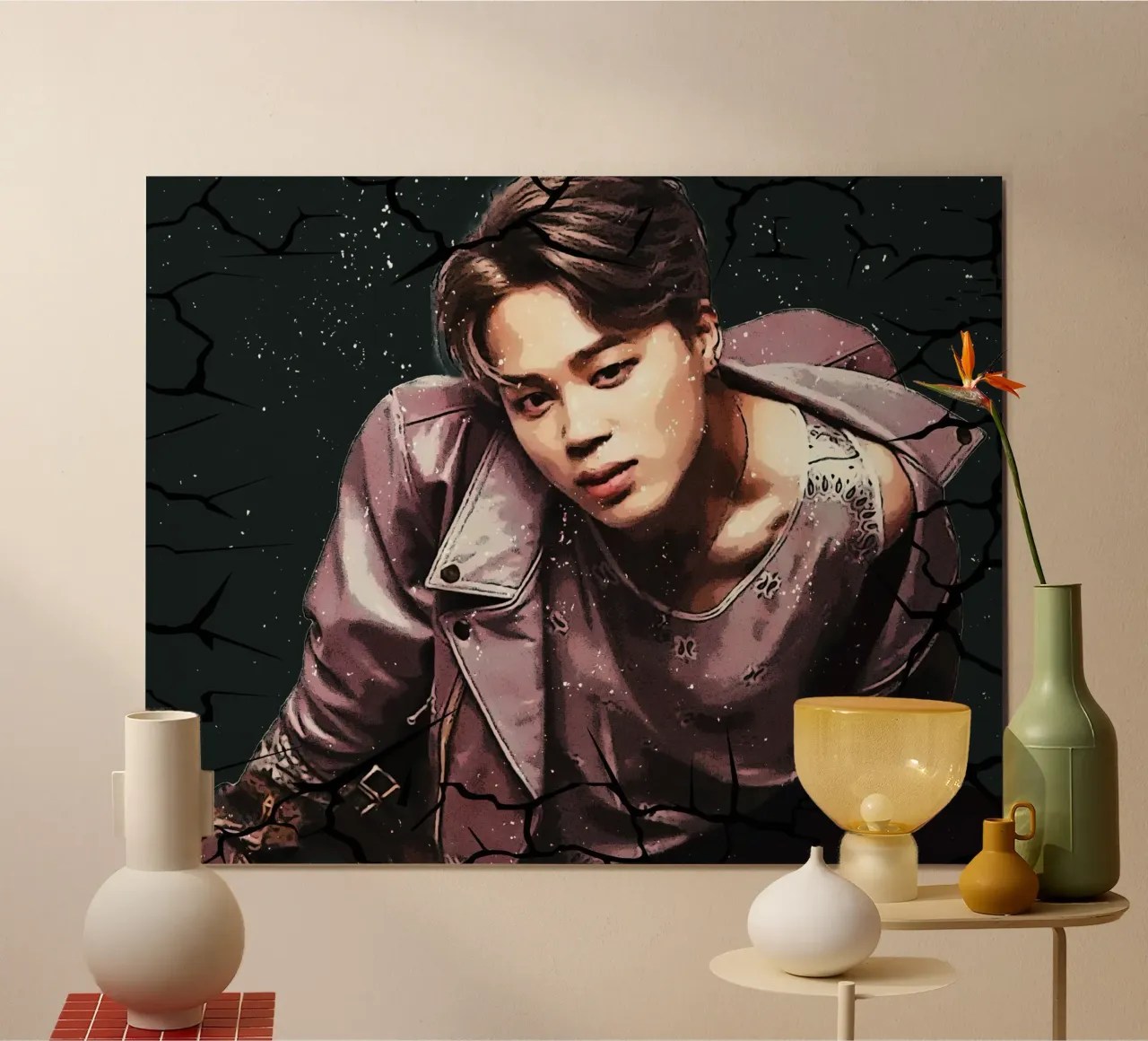 Cartone animato Jimin-BTS poster con telaio in legno da Trinara