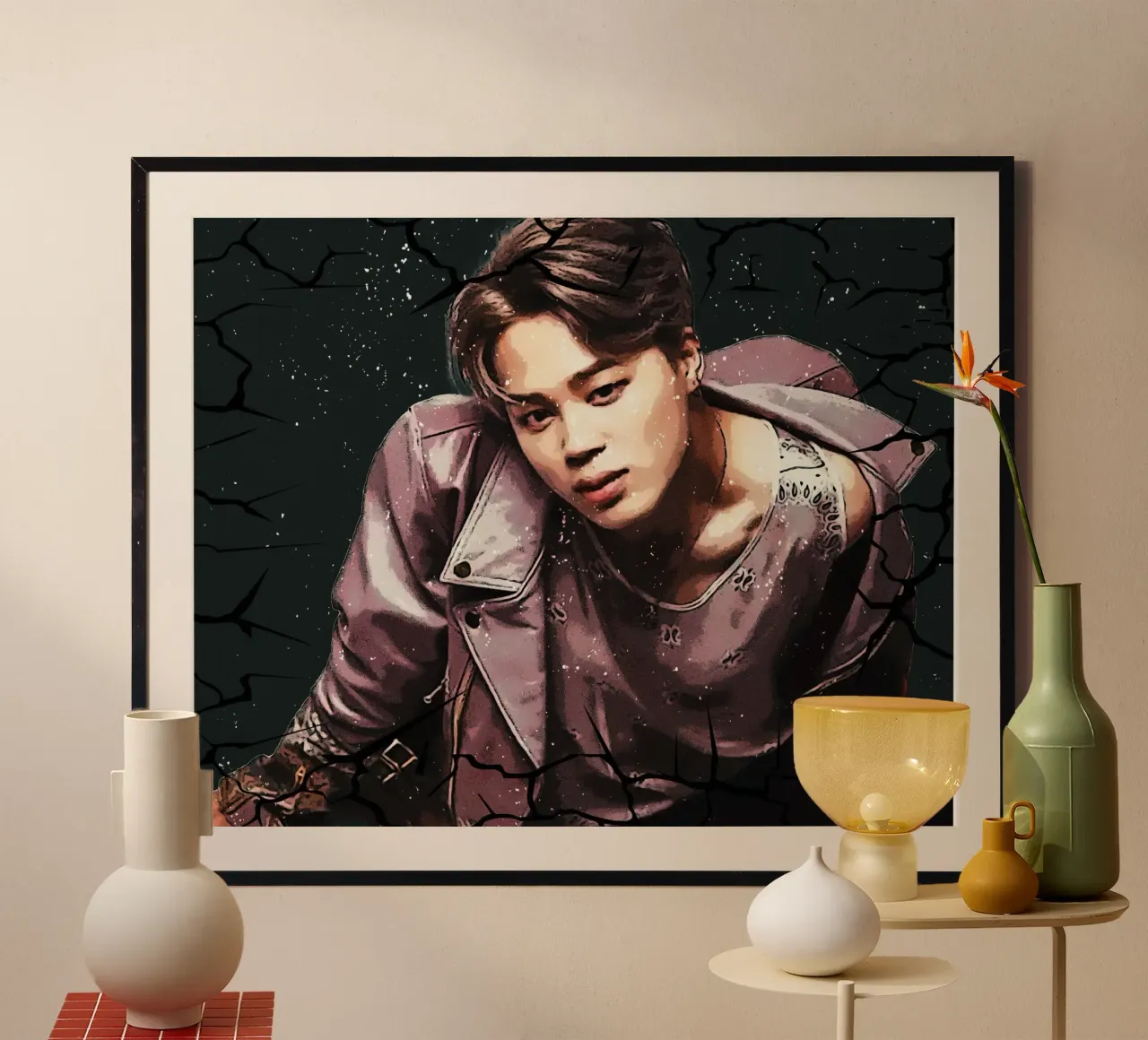 Cartone animato Jimin-BTS poster con telaio in legno da Trinara
