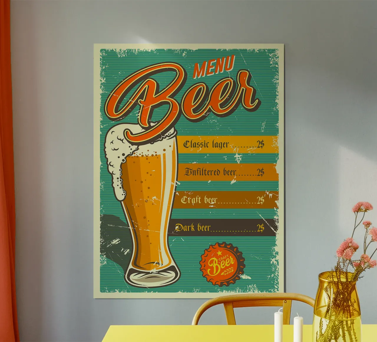 menu birra bicchiere birra schiuma poster con telaio in alluminio da Rick Thompson