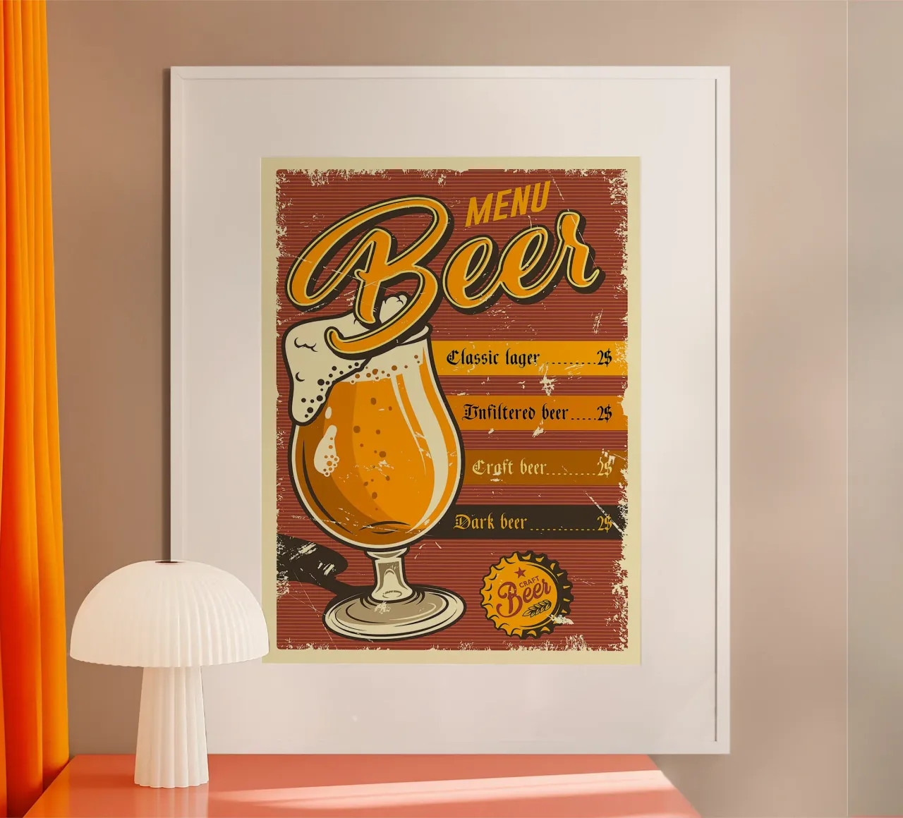 menu birra bicchiere testa spumosa lager classica poster con telaio in alluminio da Rick Thompson