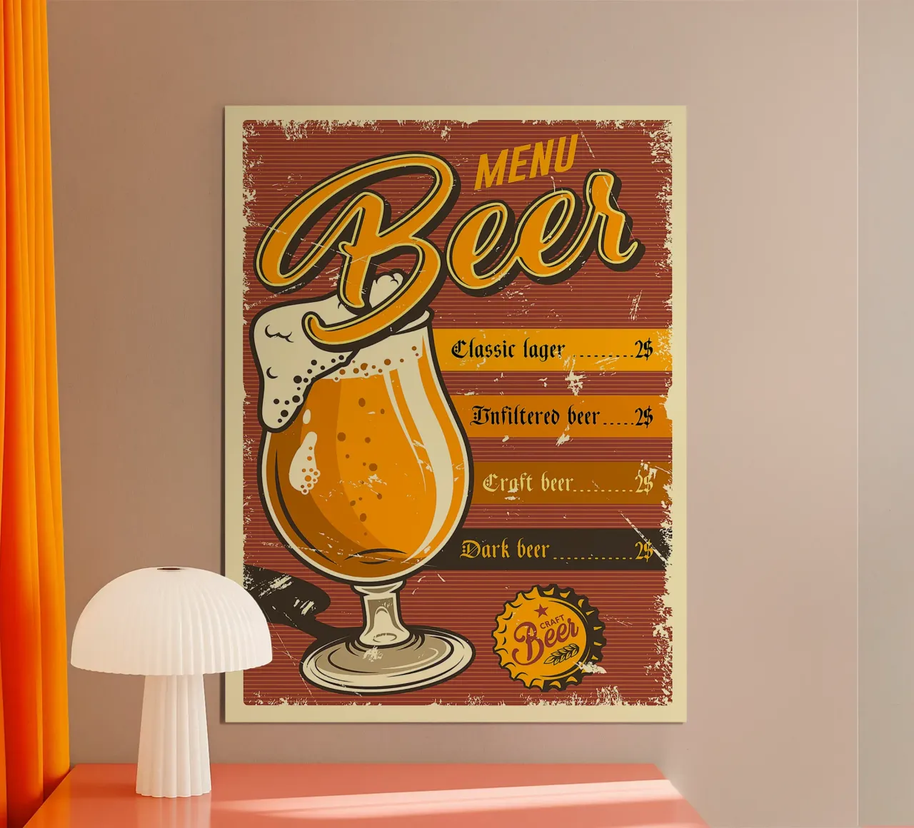 menu birra bicchiere testa spumosa lager classica poster con telaio in alluminio da Rick Thompson