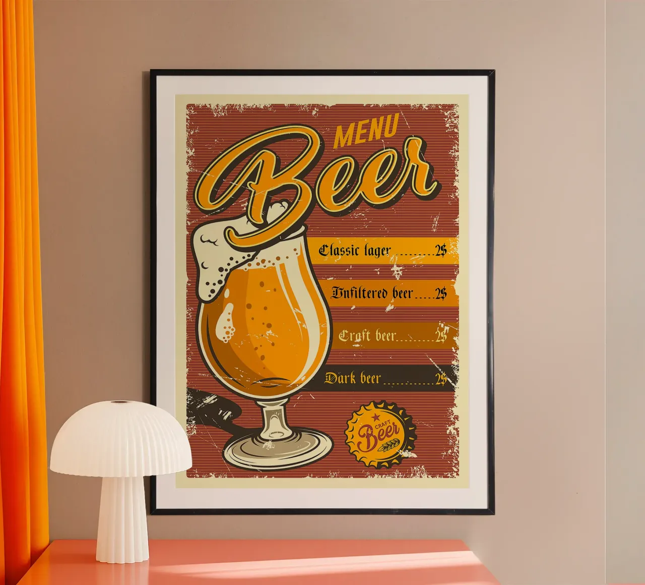 menu birra bicchiere testa spumosa lager classica poster con telaio in alluminio da Rick Thompson