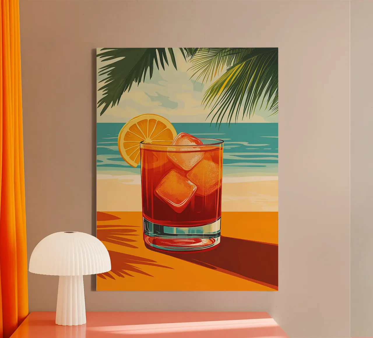 cocktail cubetti di ghiaccio arancia fetta spiaggia palme tela con Cornice a cassetta da Rick Thompson