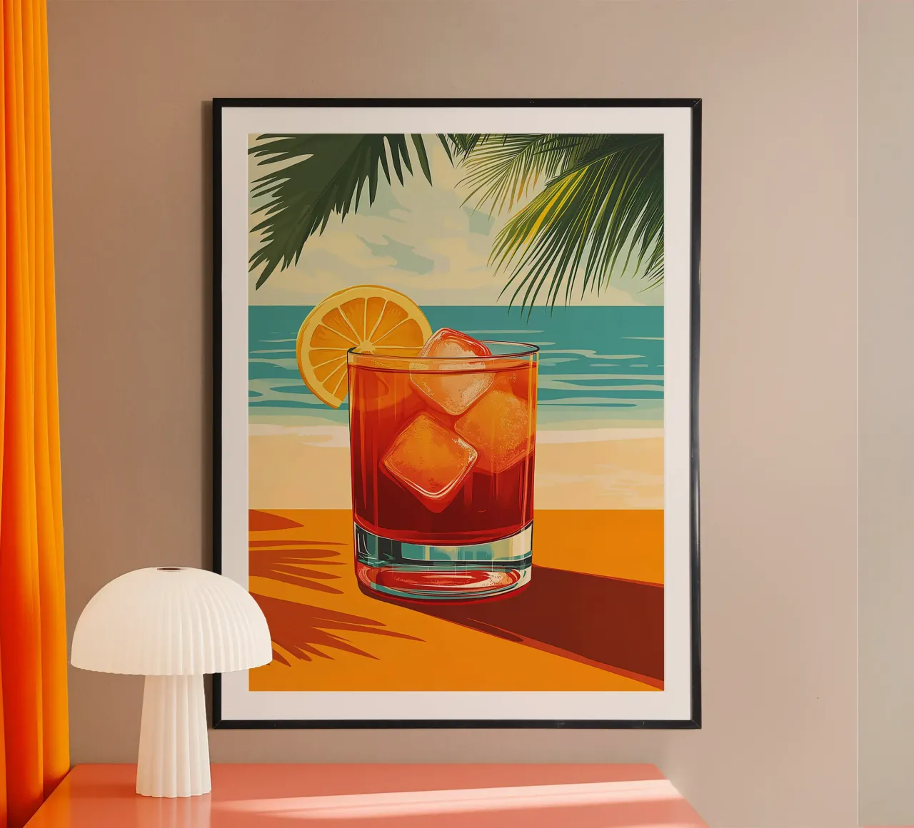 cocktail cubetti di ghiaccio arancia fetta spiaggia palme poster da Rick Thompson
