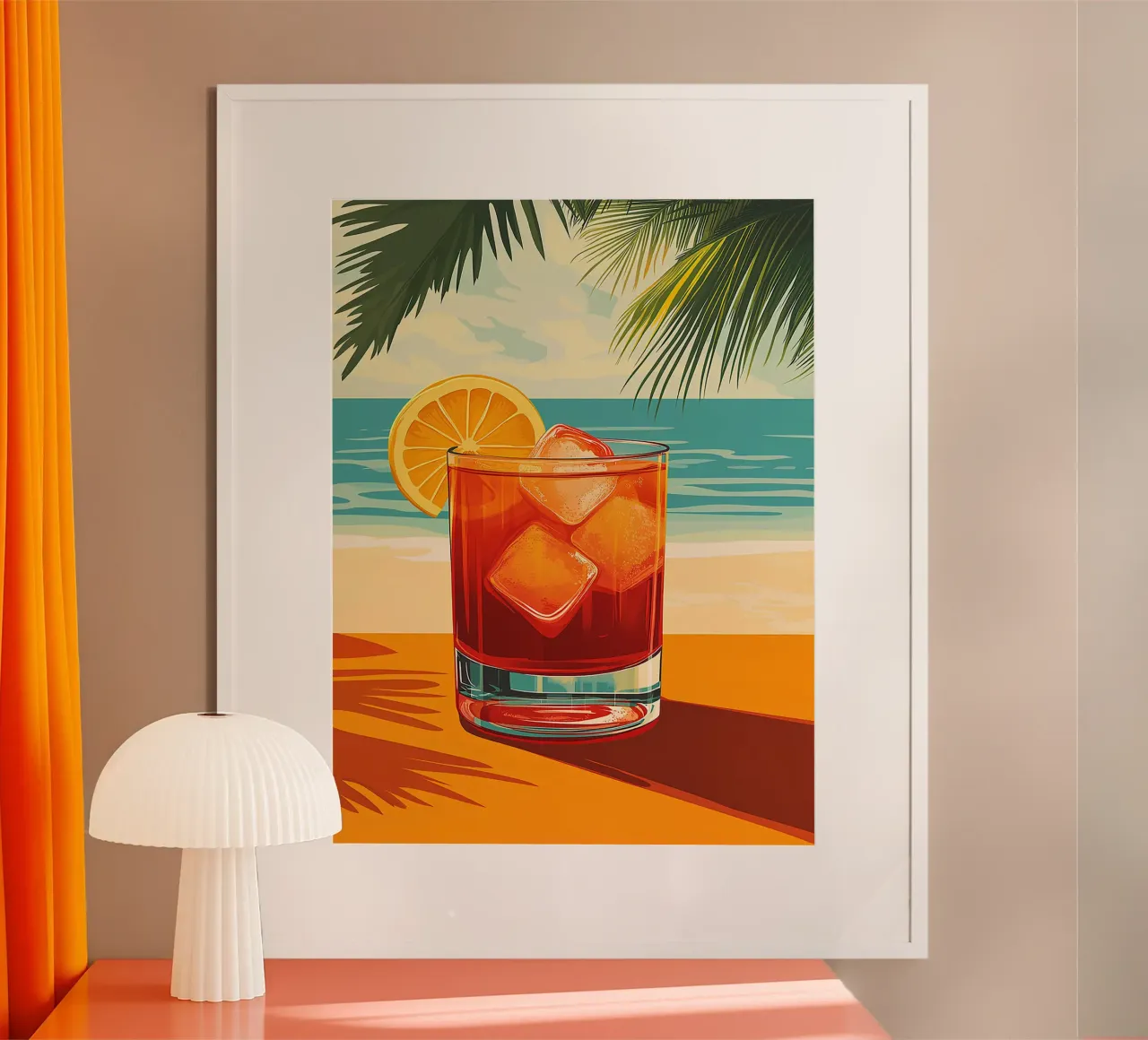 cocktail cubetti di ghiaccio arancia fetta spiaggia palme poster da Rick Thompson