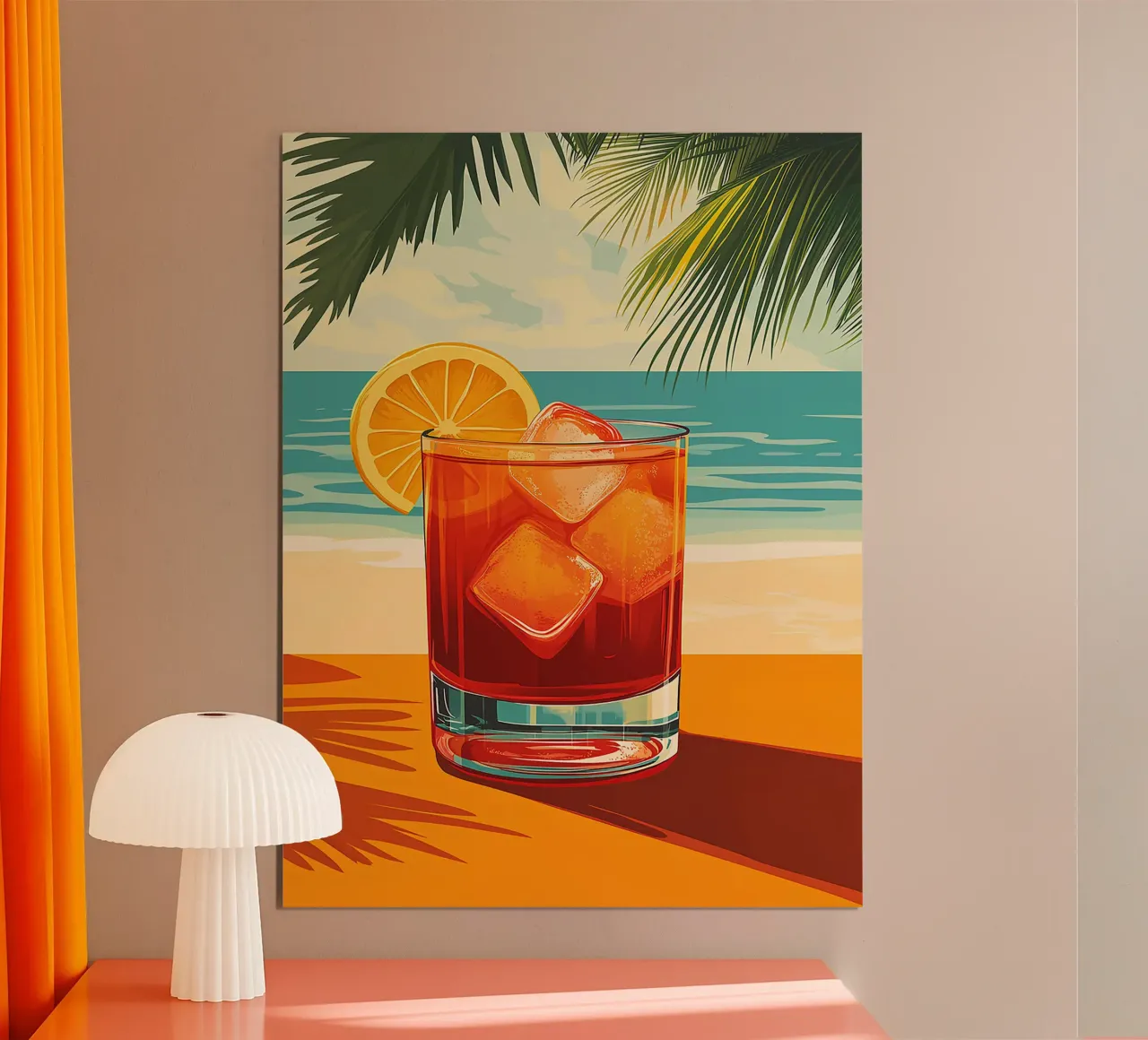 cocktail cubetti di ghiaccio arancia fetta spiaggia palme poster da Rick Thompson