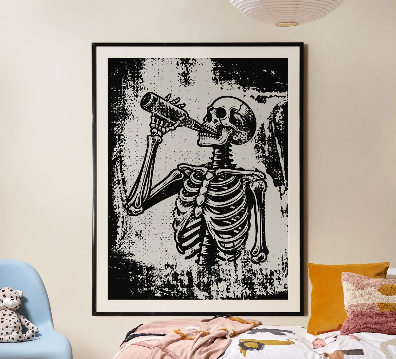 scheletro bottiglia da bere anatomia umana poster con telaio in alluminio da Rick Thompson