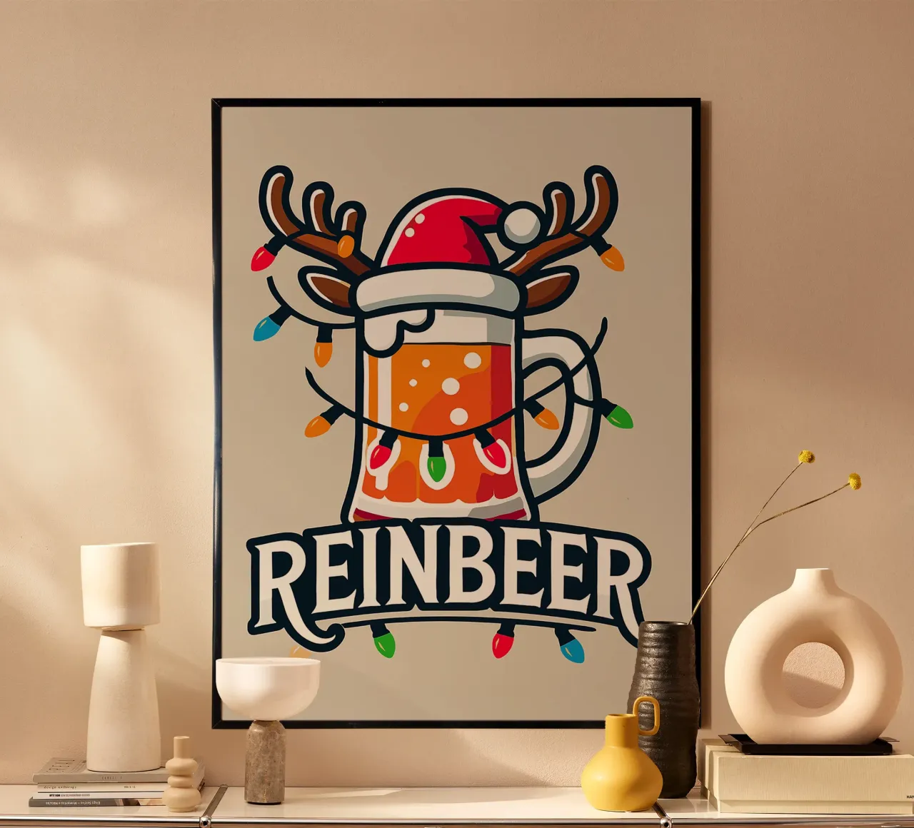 tazza orso corna renna cappello babbo natale poster con telaio in alluminio da Rick Thompson