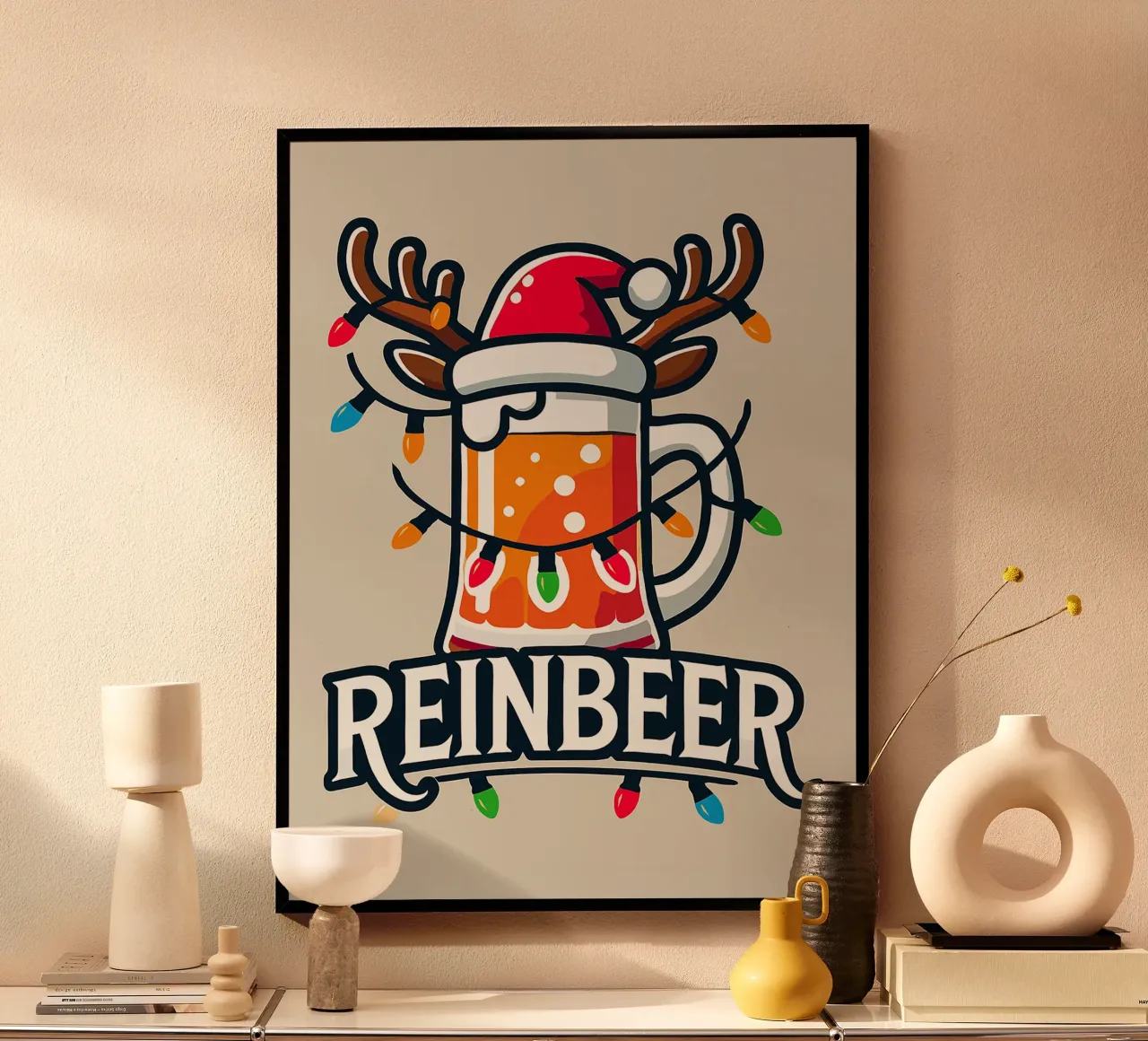 tazza orso corna renna cappello babbo natale poster con telaio in alluminio da Rick Thompson