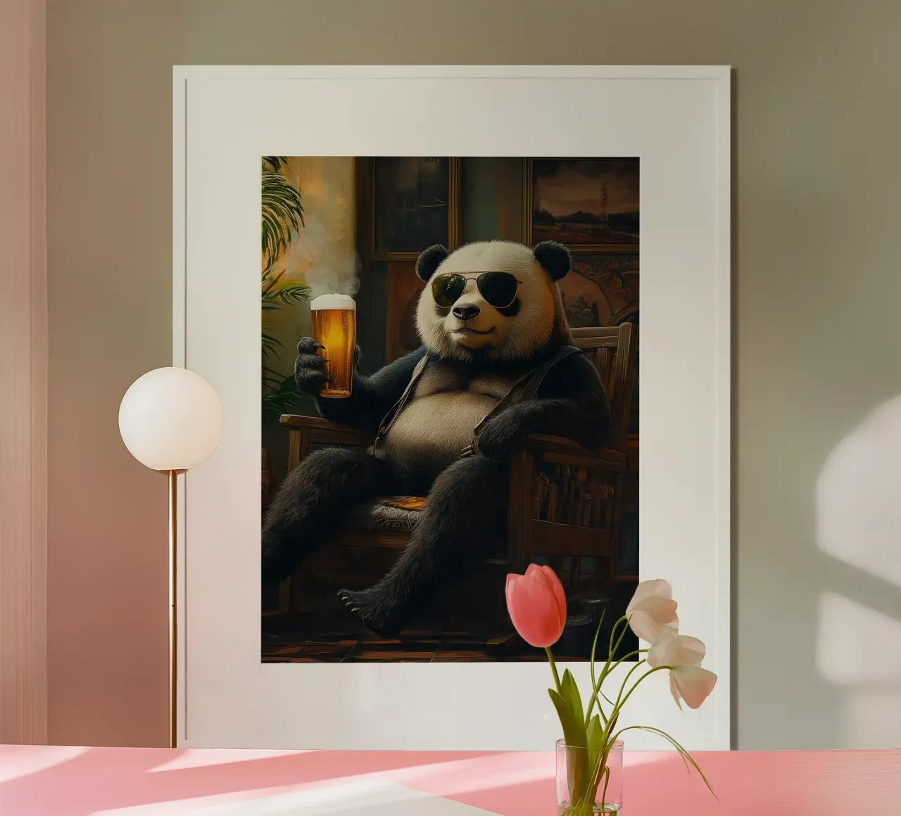 panda occhiali da sole birra bicchiere di birra sedia a dondolo poster con telaio in alluminio da Rick Thompson