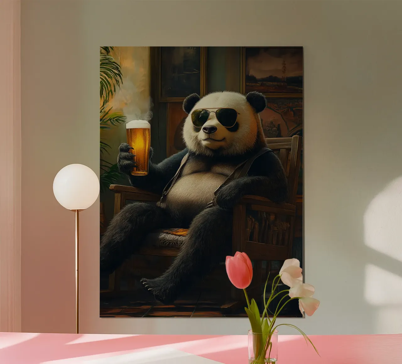 panda occhiali da sole birra bicchiere di birra sedia a dondolo poster con telaio in alluminio da Rick Thompson