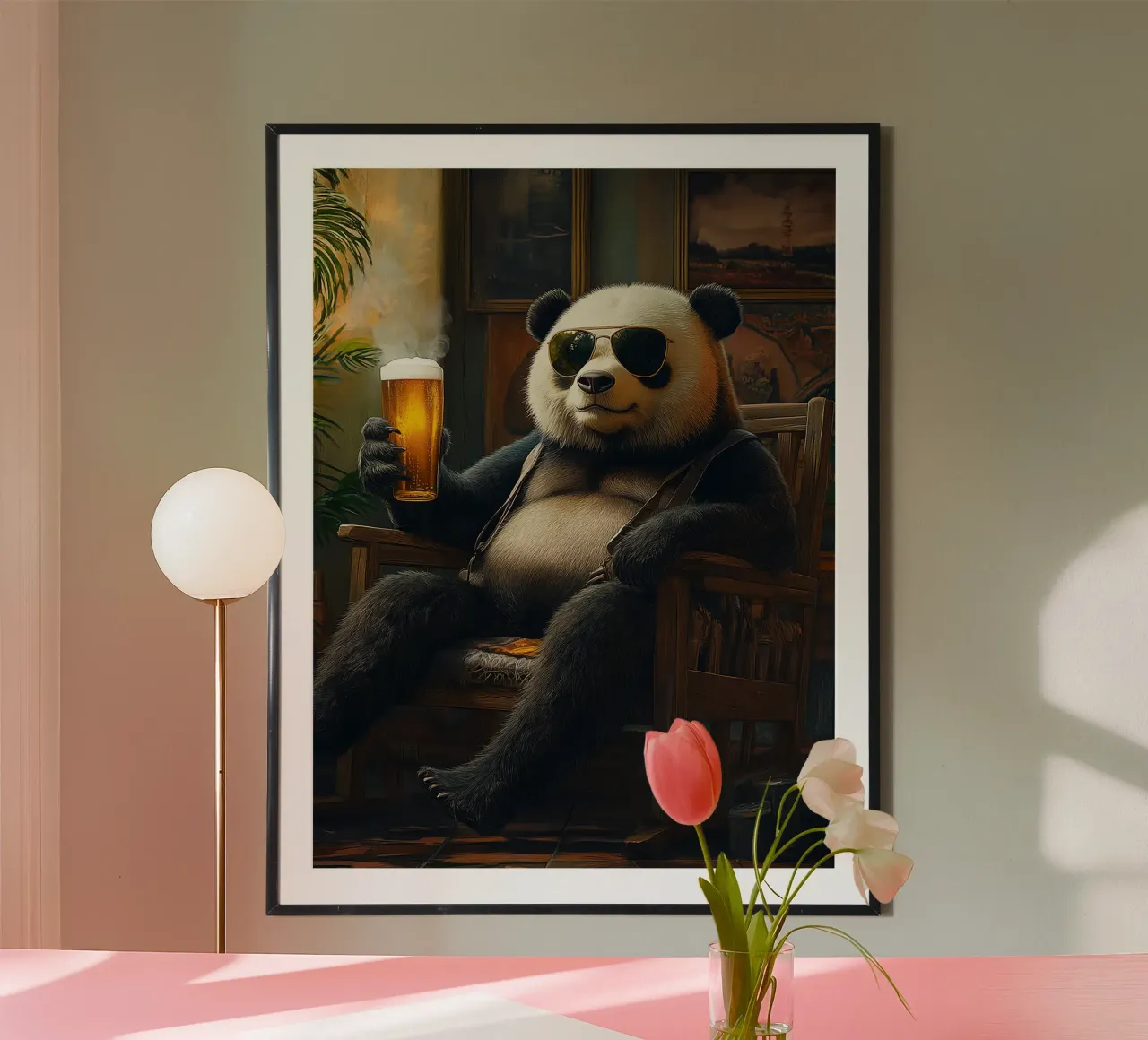 panda occhiali da sole birra bicchiere di birra sedia a dondolo poster con telaio in alluminio da Rick Thompson