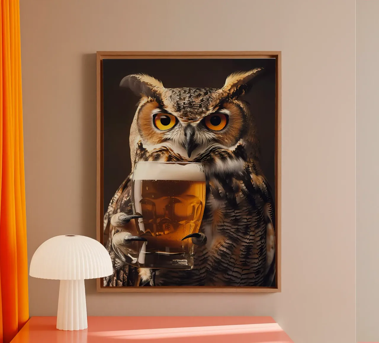 gufo bicchiere di birra piume occhi artigli tela con Cornice a cassetta da Rick Thompson