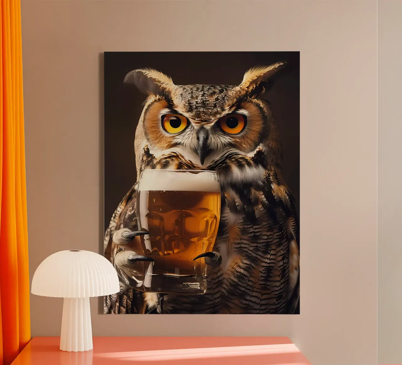 gufo bicchiere di birra piume occhi artigli tela con Cornice a cassetta da Rick Thompson
