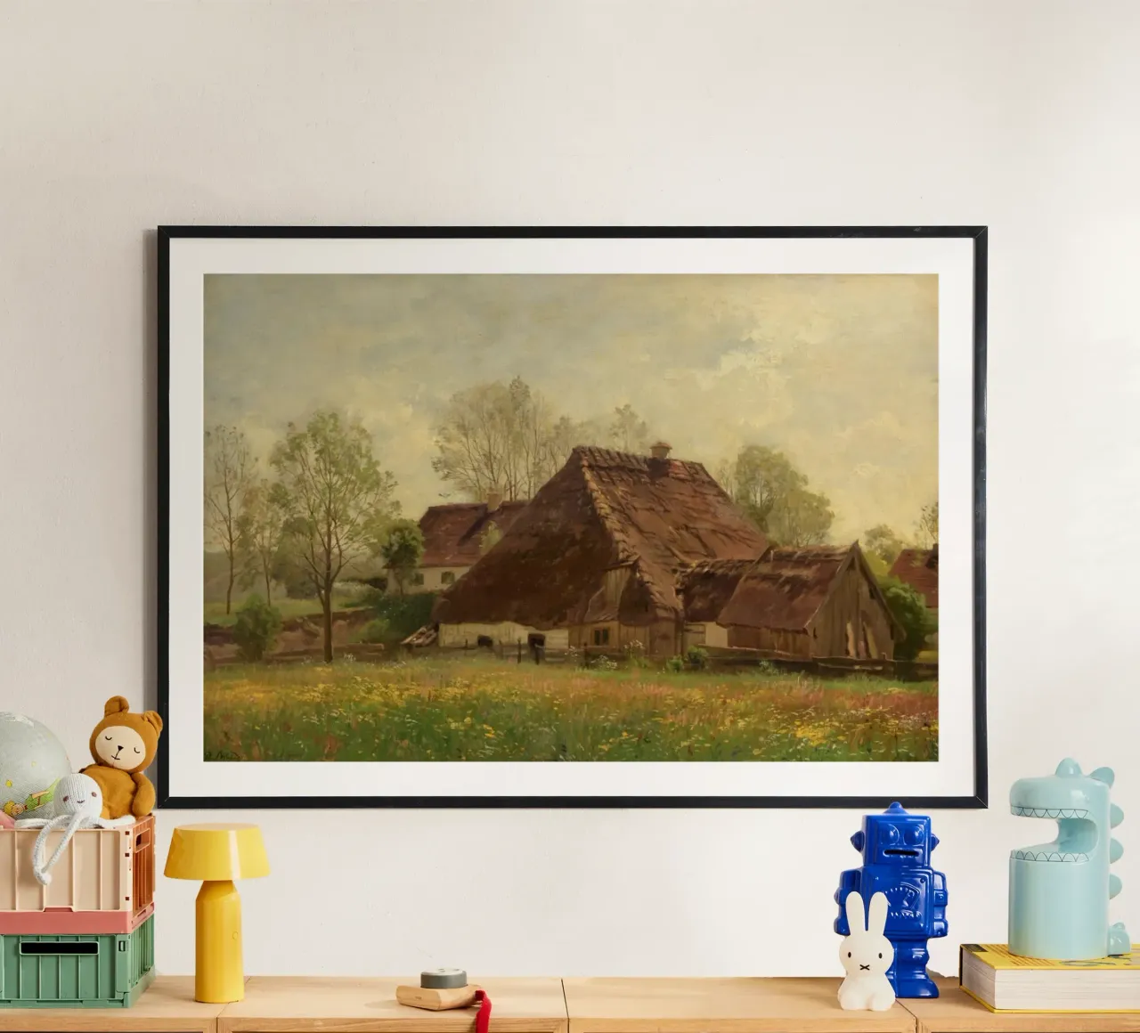 vecchia casa con ampio cortile poster con telaio in legno da pleceng shope