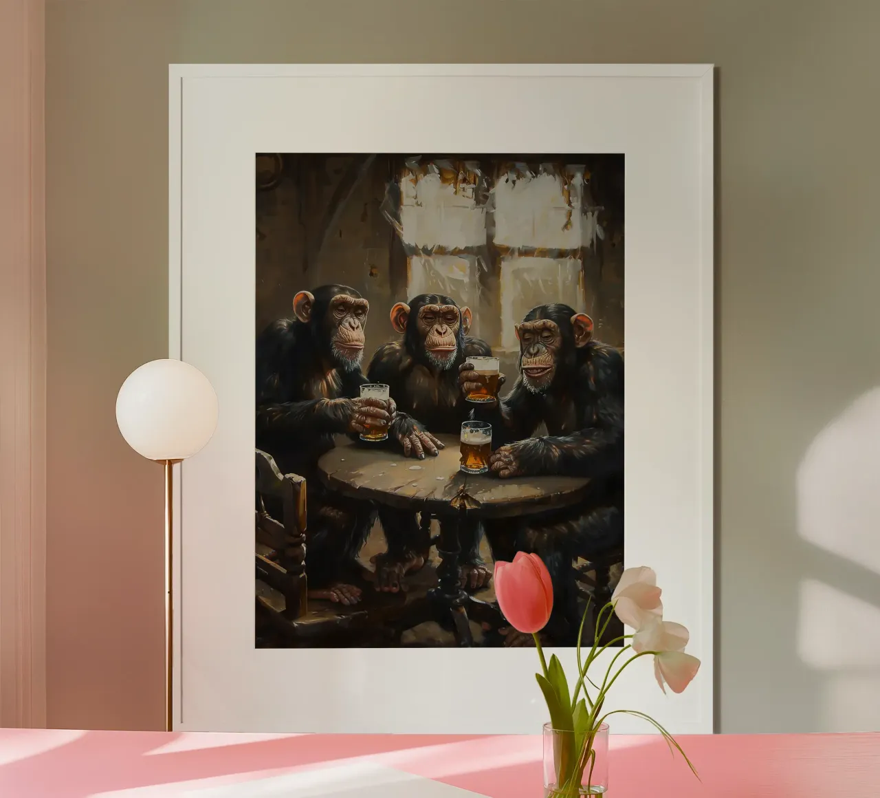 Schimpansen Tisch Bier Gläser Stühle Fenster Poster mit Kunststoffrahmen von Adam Bican