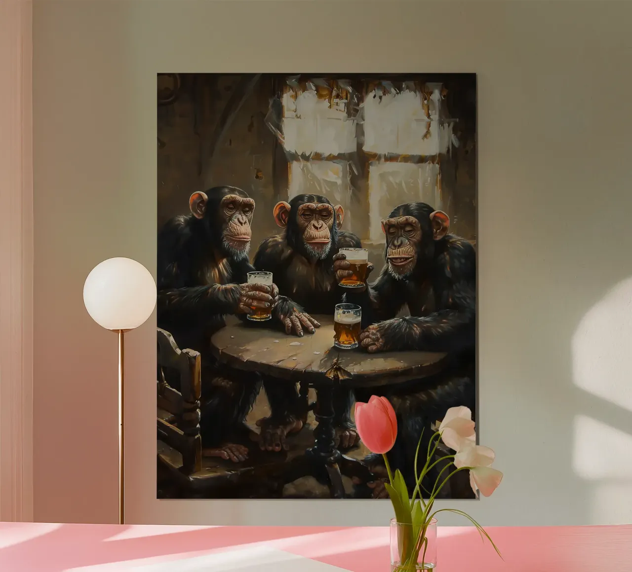 Schimpansen Tisch Bier Gläser Stühle Fenster Poster mit Kunststoffrahmen von Adam Bican
