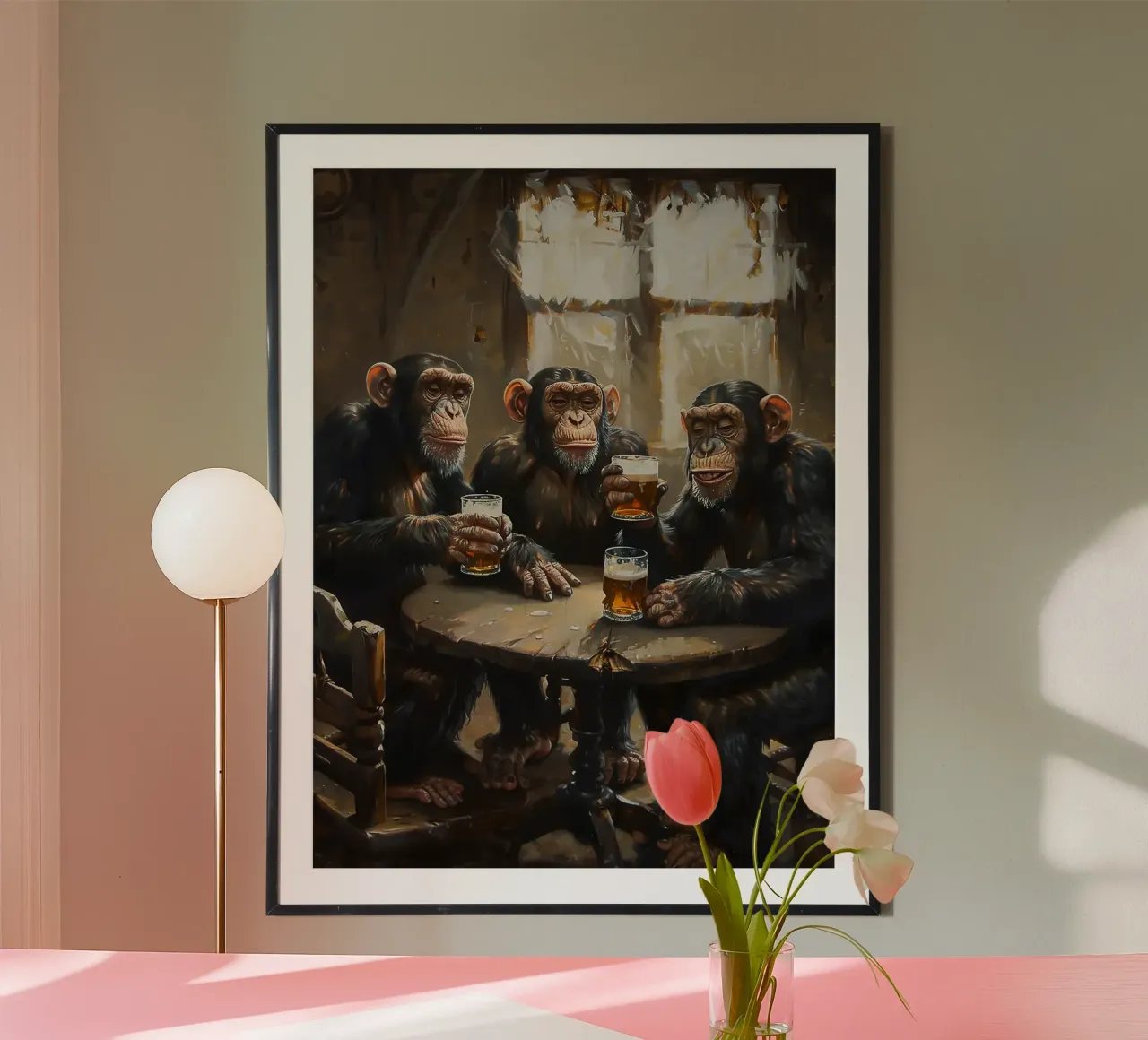 Schimpansen Tisch Bier Gläser Stühle Fenster Poster mit Kunststoffrahmen von Adam Bican