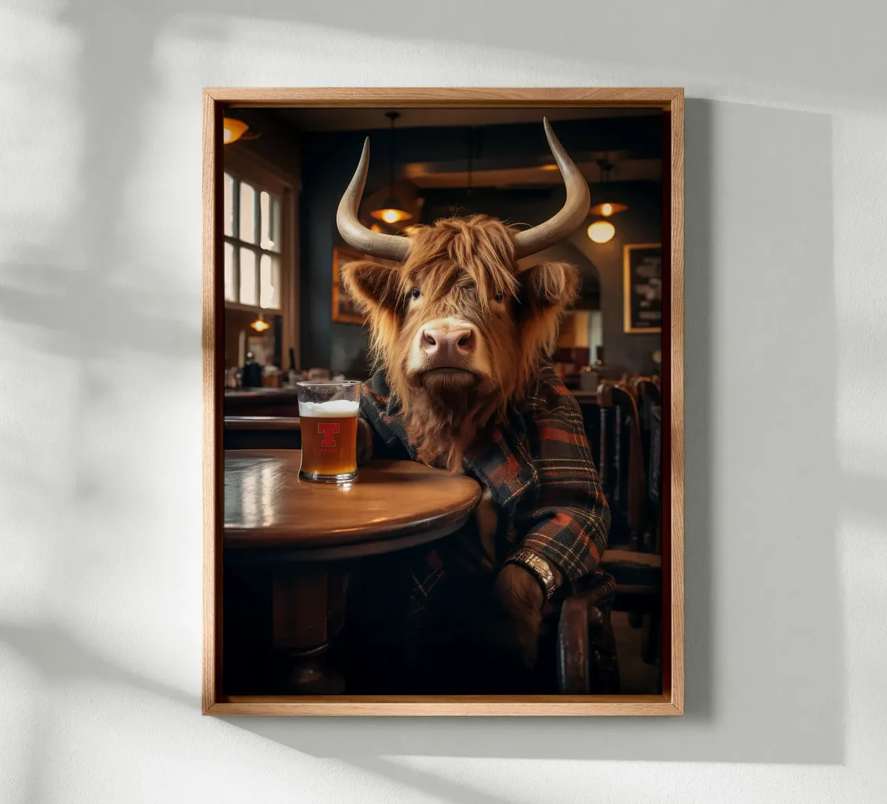 mucca highland birra vetro pub interno giacca scozzese tela con Cornice a cassetta da Adam Bican