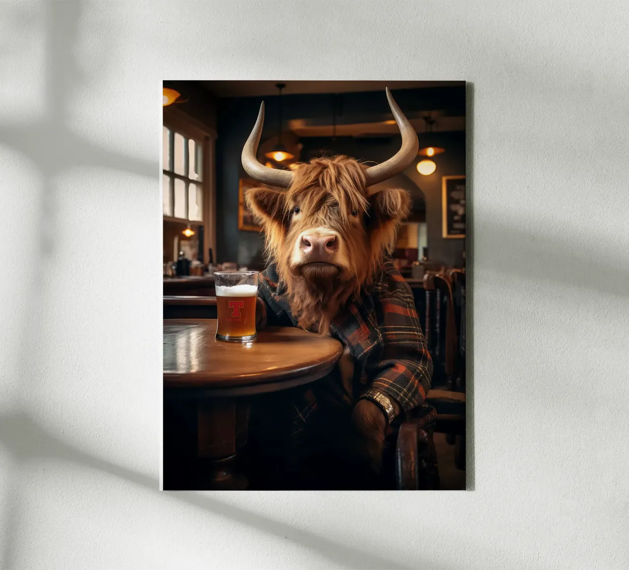 mucca highland birra vetro pub interno giacca scozzese tela con Cornice a cassetta da Adam Bican