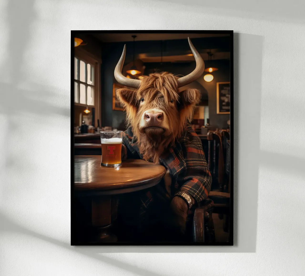 mucca highland birra vetro pub interno giacca scozzese poster con telaio in legno da Adam Bican