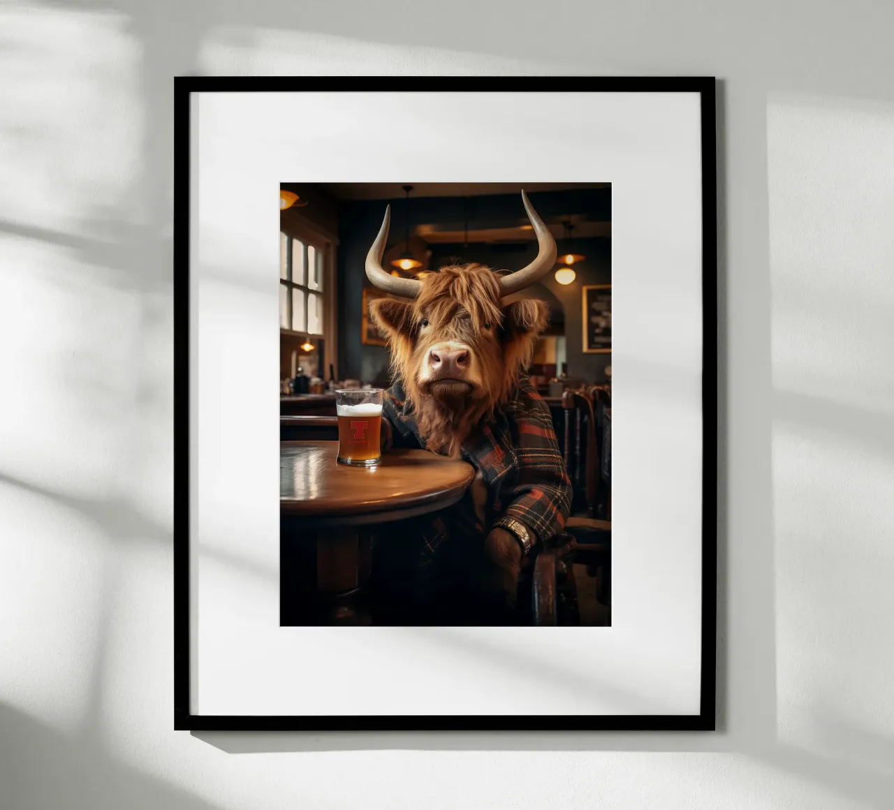 mucca highland birra vetro pub interno giacca scozzese poster con telaio in legno da Adam Bican