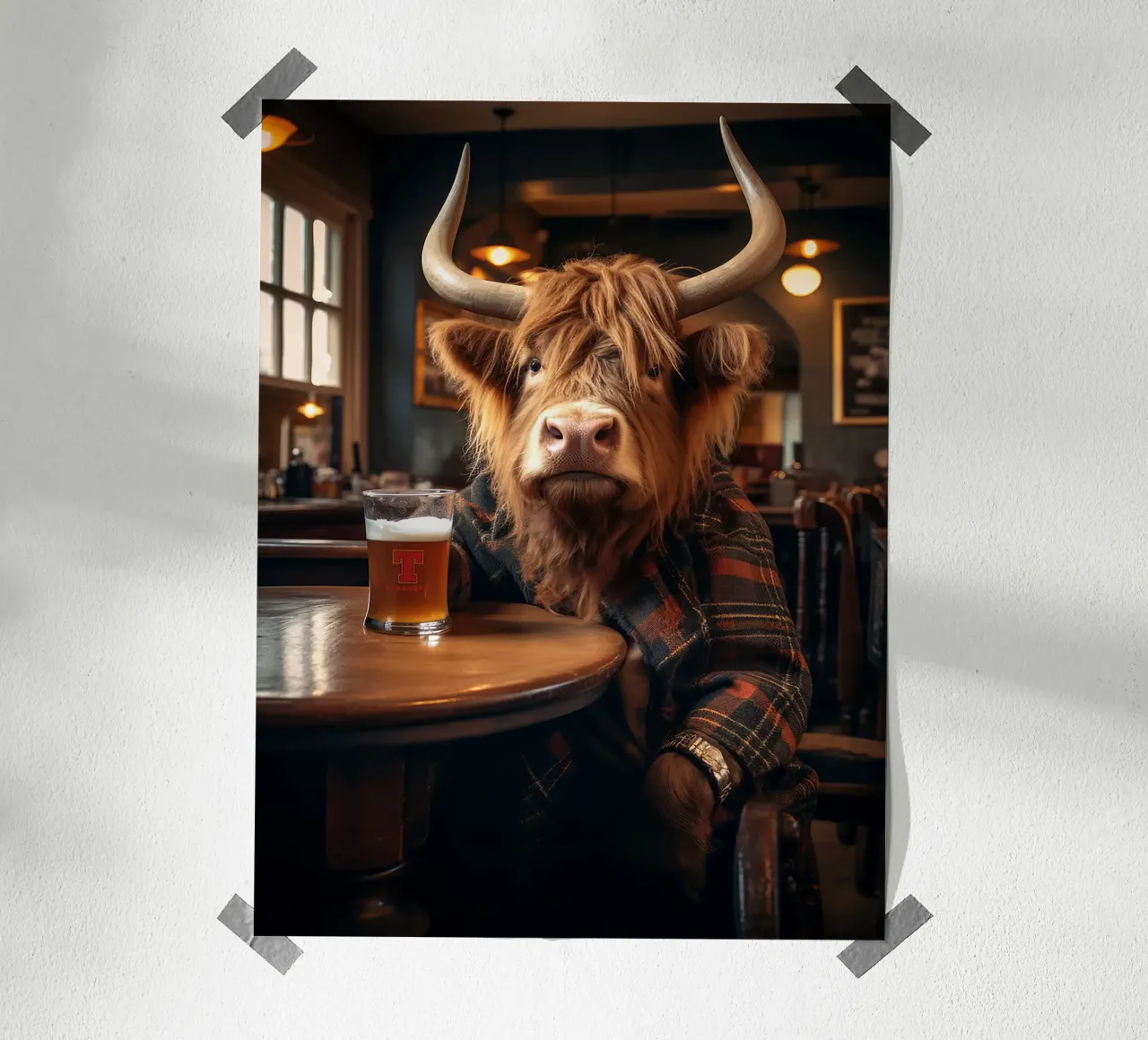 mucca highland birra vetro pub interno giacca scozzese poster con telaio in legno da Adam Bican