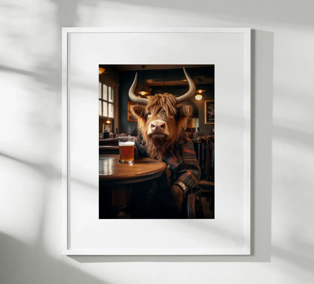 mucca highland birra vetro pub interno giacca scozzese poster con telaio in legno da Adam Bican