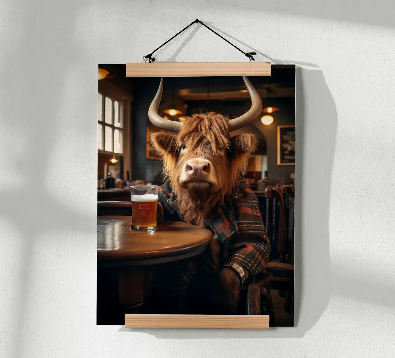 mucca highland birra vetro pub interno giacca scozzese poster con telaio in legno da Adam Bican