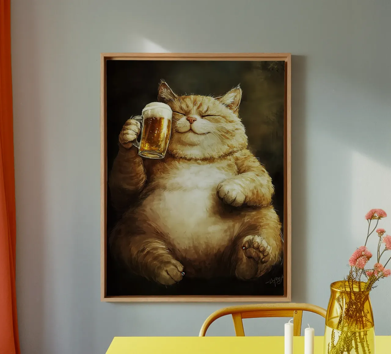 cat beer mug bubbles foam drinking relaxed canvas with Floater frame by Adam Bican
