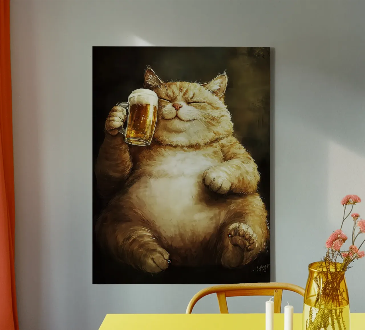 cat beer mug bubbles foam drinking relaxed canvas with Floater frame by Adam Bican