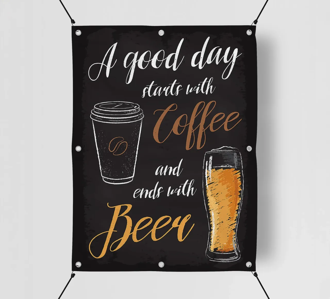 tazza di caffè birra bicchiere testo scritto a mano sfondo nero telo in pvc da Adam Bican
