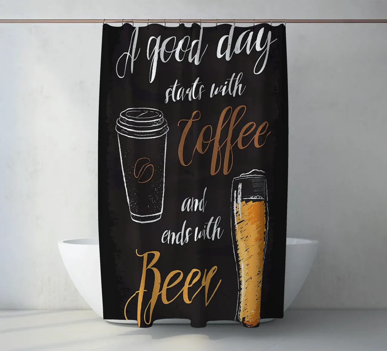 Kaffeetasse Bierglas handgeschriebener Text schwarzer Hintergrund Duschvorhang von Adam Bican