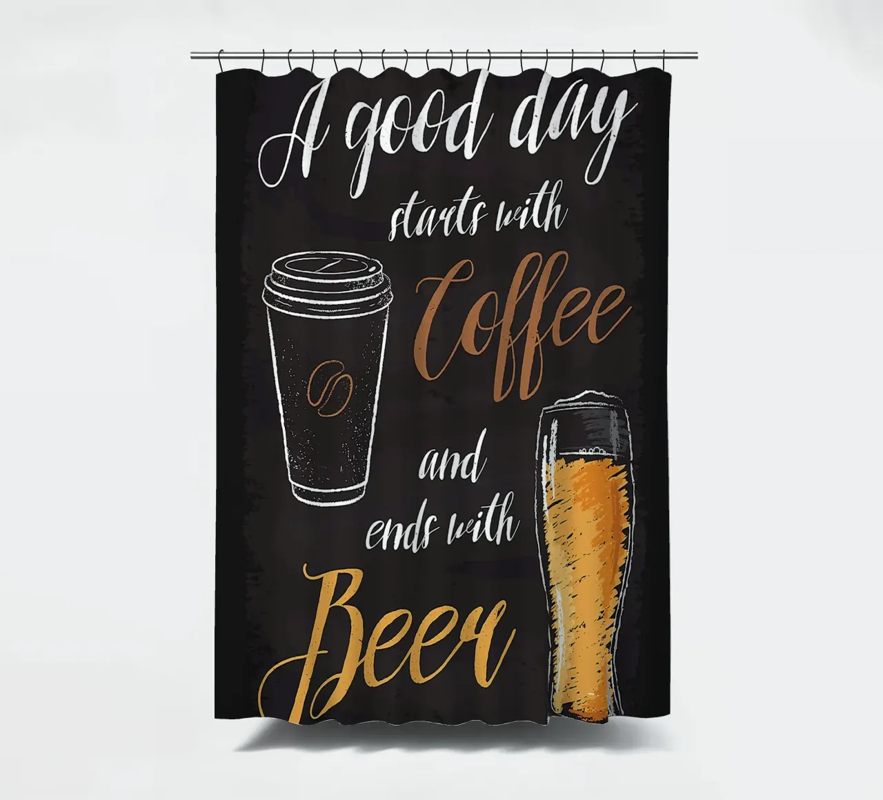 Kaffeetasse Bierglas handgeschriebener Text schwarzer Hintergrund Duschvorhang von Adam Bican