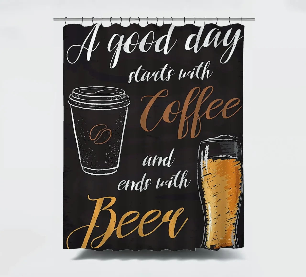 Kaffeetasse Bierglas handgeschriebener Text schwarzer Hintergrund Duschvorhang von Adam Bican