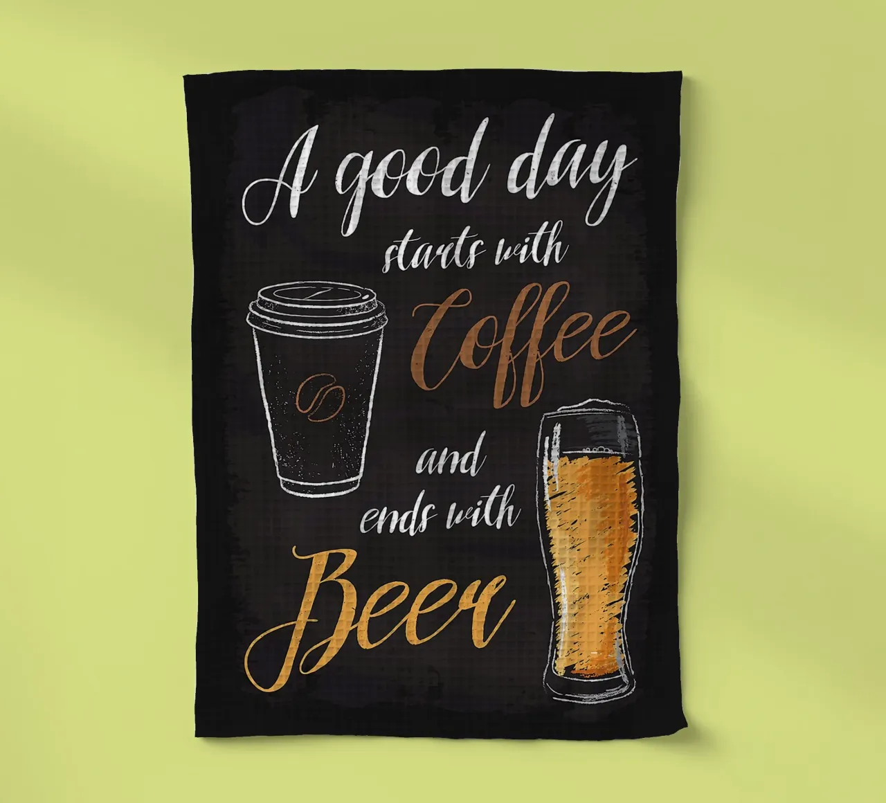 Kaffeetasse Bierglas handgeschriebener Text schwarzer Hintergrund Geschirrtuch von Adam Bican