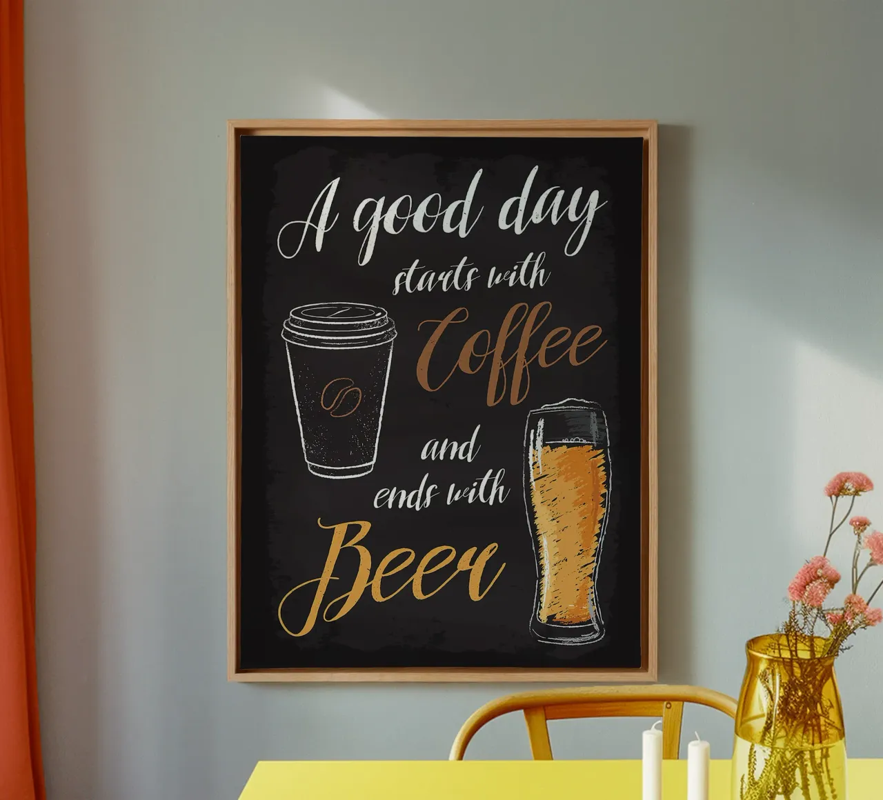 tazza di caffè birra bicchiere testo scritto a mano sfondo nero tela con Cornice a cassetta da Adam Bican