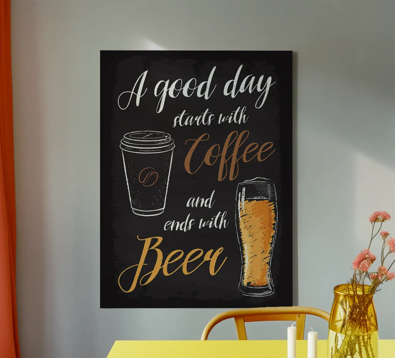 tazza di caffè birra bicchiere testo scritto a mano sfondo nero tela con Cornice a cassetta da Adam Bican