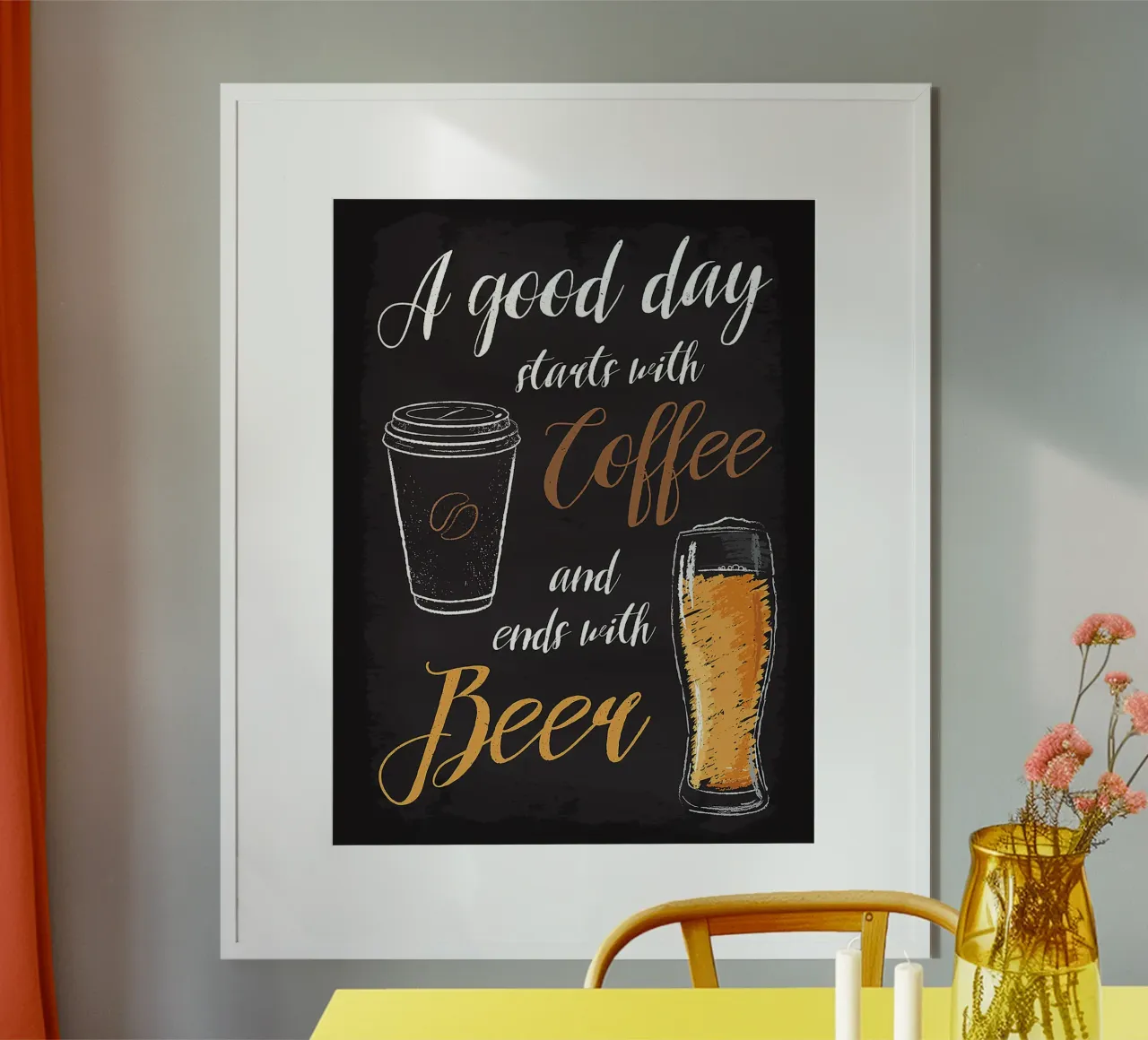 tazza di caffè birra bicchiere testo scritto a mano sfondo nero poster con telaio in alluminio da Adam Bican