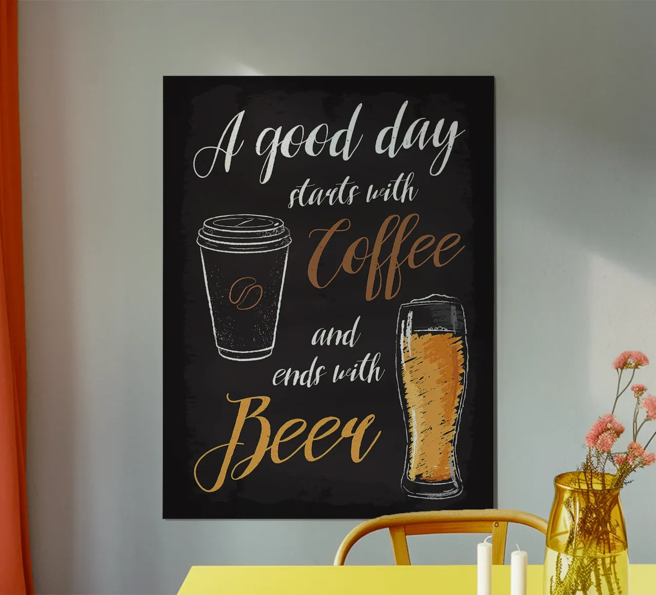 tazza di caffè birra bicchiere testo scritto a mano sfondo nero poster con telaio in alluminio da Adam Bican