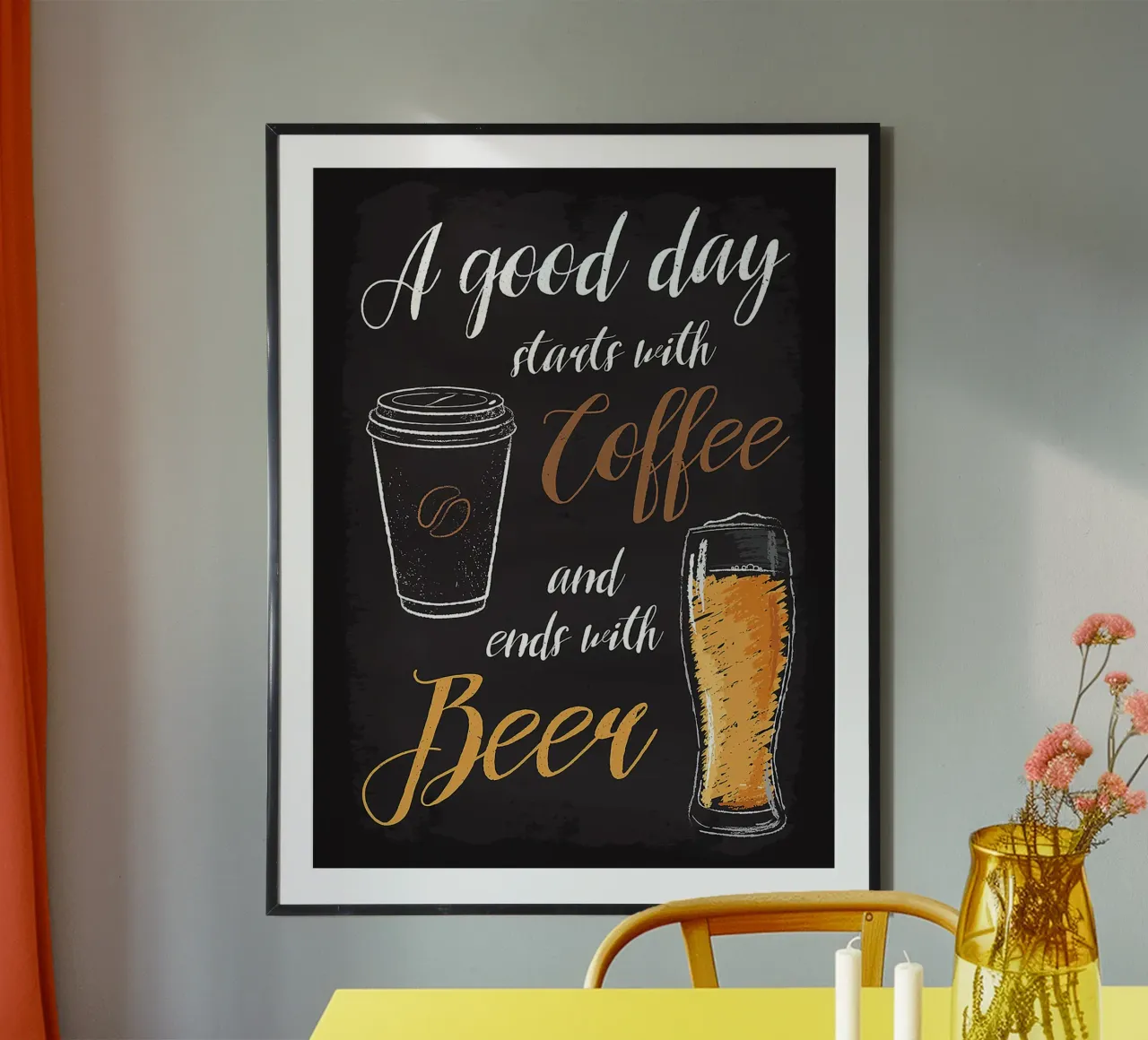 tazza di caffè birra bicchiere testo scritto a mano sfondo nero poster con telaio in alluminio da Adam Bican