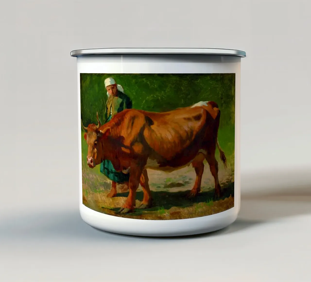 uomo con la sua mucca tazza in smalto da pleceng shope