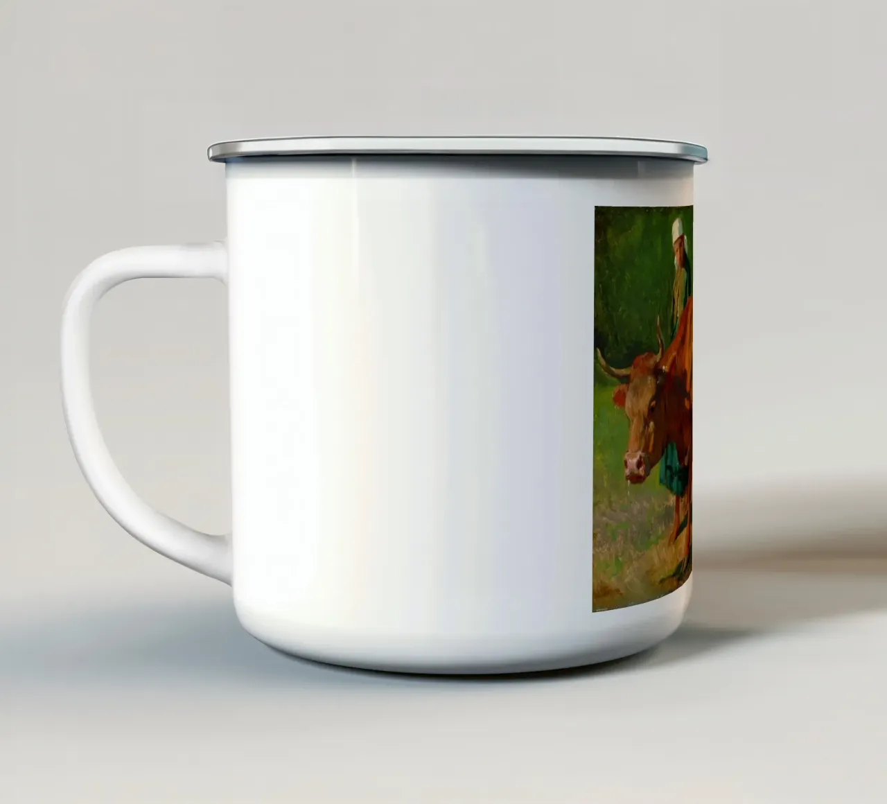 uomo con la sua mucca tazza in smalto da pleceng shope