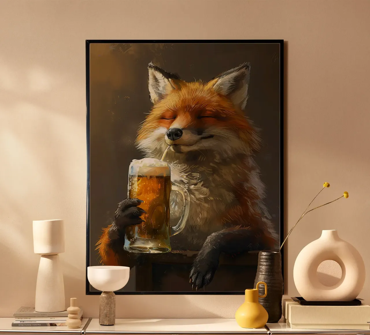 Fuchs Bierglas Krug Schaum Strohhalm Poster mit Kunststoffrahmen von Adam Bican