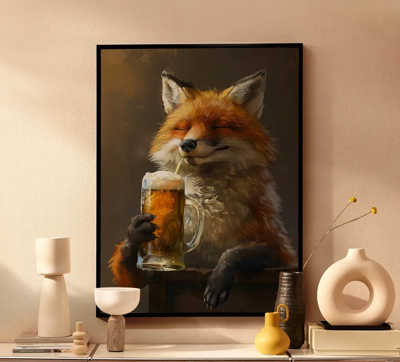 Fuchs Bierglas Krug Schaum Strohhalm Poster mit Kunststoffrahmen von Adam Bican